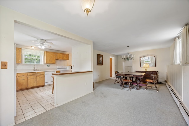 1519 Tuttle Ave, Wallingford, CT 06492 - kitchen featuring white appliances, light countertops, a chandelier, a baseboard radiator, and light carpet