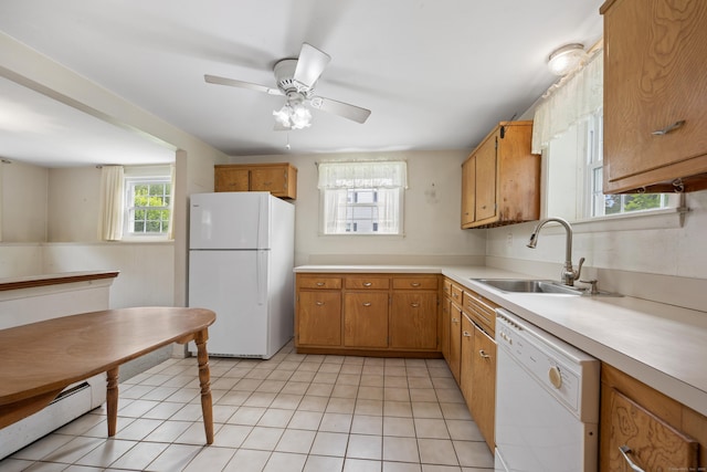 1519 Tuttle Ave, Wallingford, CT 06492 - kitchen with white appliances, light countertops, brown cabinetry, ceiling fan, and a baseboard heating unit