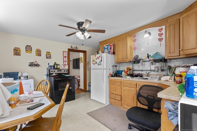6 Houghton St, Bristol, CT 06010 - kitchen featuring black / electric stove, freestanding refrigerator, light countertops, a ceiling fan, and backsplash