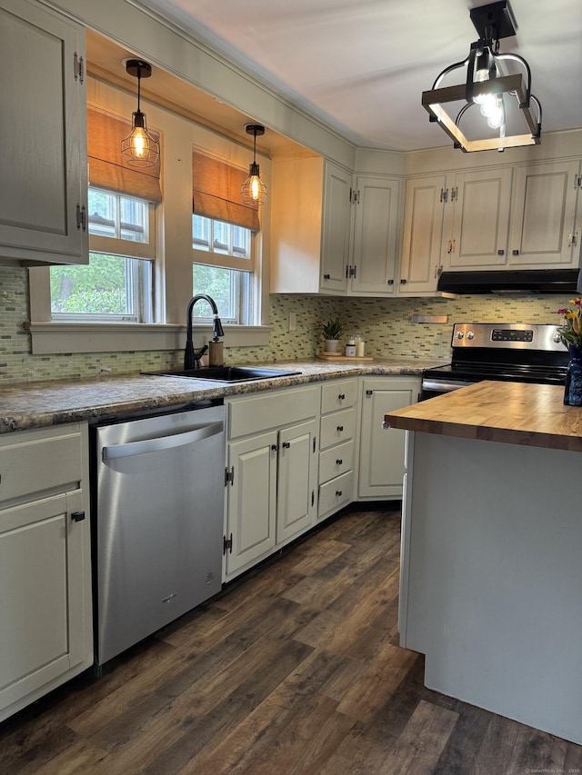 58 Barlow St, North Canaan, CT 06018 - kitchen featuring stainless steel appliances, wood counters, under cabinet range hood, dark wood-style flooring, and decorative backsplash