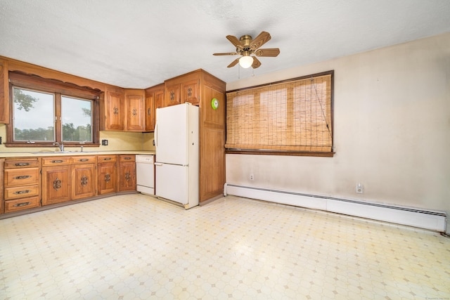 546 S Quaker Ln, West Hartford, CT 06110 - kitchen with a baseboard radiator, white appliances, ceiling fan, and brown cabinetry