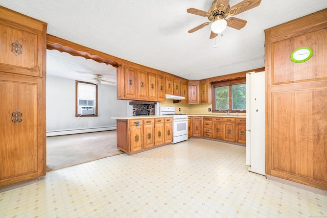 546 S Quaker Ln, West Hartford, CT 06110 - kitchen featuring white appliances, a baseboard heating unit, a ceiling fan, under cabinet range hood, and light countertops