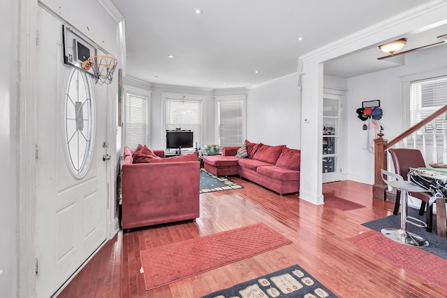 18 Morningside Ave, Waterbury, CT 06708 - living area featuring wood-type flooring, ornamental molding, and recessed lighting