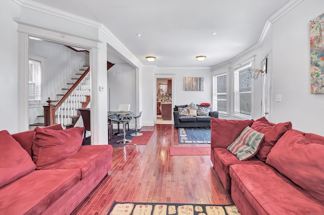 18 Morningside Ave, Waterbury, CT 06708 - living room featuring hardwood / wood-style flooring, ornamental molding, stairs, and recessed lighting