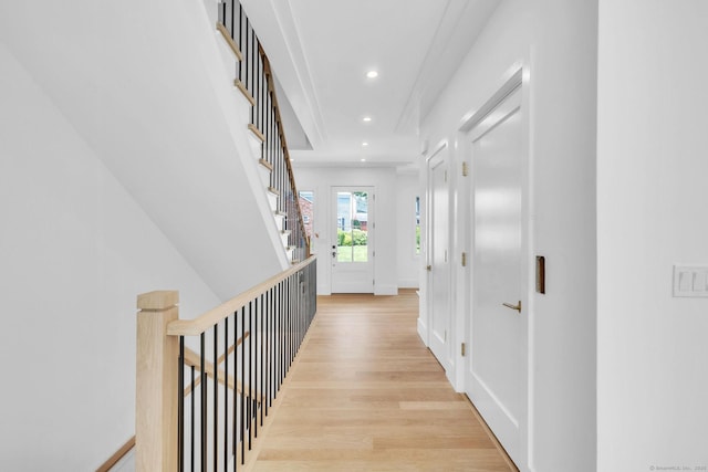 133 E Ave Unit A, New Canaan, CT 06840 - hallway featuring light wood finished floors, recessed lighting, and stairway