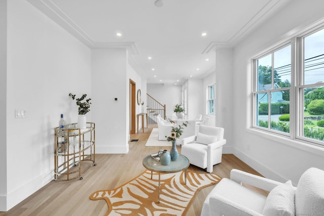 133 E Ave Unit A, New Canaan, CT 06840 - living area with light wood-style floors, stairs, recessed lighting, and crown molding
