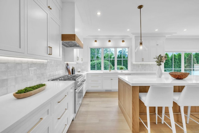 133 E Ave Unit A, New Canaan, CT 06840 - kitchen featuring stainless steel stove, healthy amount of natural light, backsplash, white cabinets, and recessed lighting