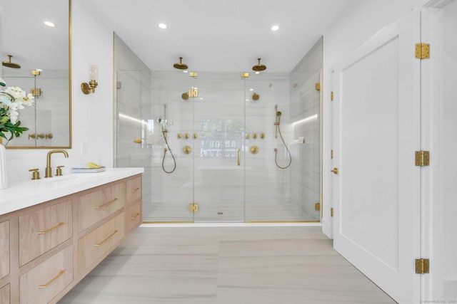 133 E Ave Unit A, New Canaan, CT 06840 - bathroom featuring vanity, a shower stall, and recessed lighting