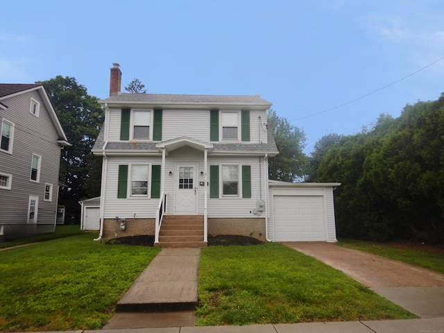 11 Morton St, New London, CT 06320 - view of front of home featuring a chimney, a front yard, driveway, and a shingled roof