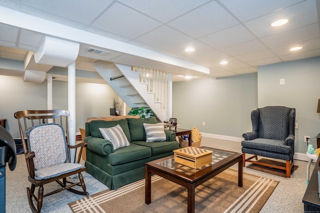11 Craigmoor Rd, West Hartford, CT 06107 - living area featuring stairway, recessed lighting, a paneled ceiling, and carpet flooring