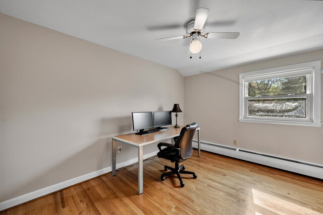 112 Shadow Ln, West Hartford, CT 06110 - office area featuring light wood-style floors, a ceiling fan, a baseboard radiator, and lofted ceiling