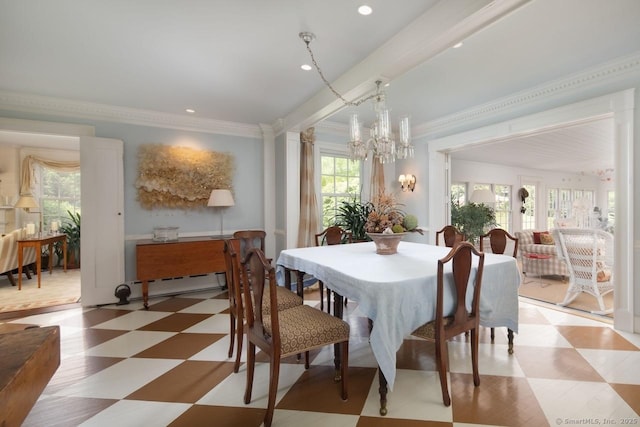 12 Popple Swamp Rd, Cornwall, CT 06754 - dining space with light flooring, a chandelier, a baseboard heating unit, crown molding, and recessed lighting