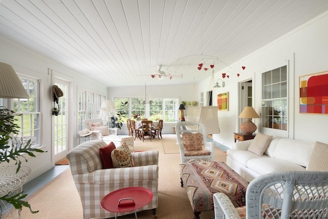 12 Popple Swamp Rd, Cornwall, CT 06754 - living room featuring wood ceiling, a ceiling fan, ornamental molding, and carpet flooring