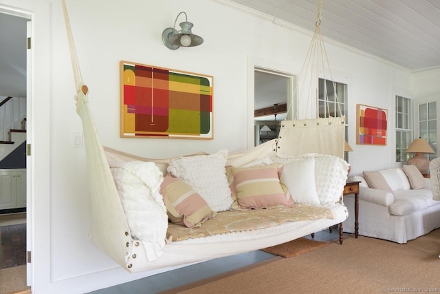 12 Popple Swamp Rd, Cornwall, CT 06754 - carpeted living room featuring stairway and crown molding