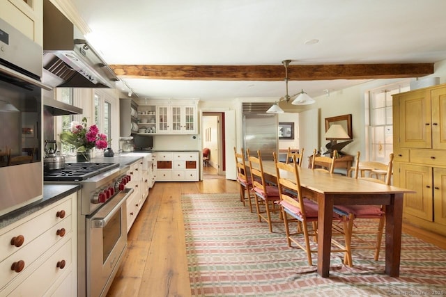 12 Popple Swamp Rd, Cornwall, CT 06754 - kitchen with high end appliances, beamed ceiling, open shelves, light wood-type flooring, and dark countertops