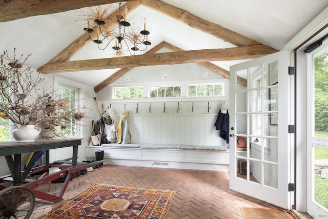 12 Popple Swamp Rd, Cornwall, CT 06754 - mudroom featuring a chandelier and brick flooring