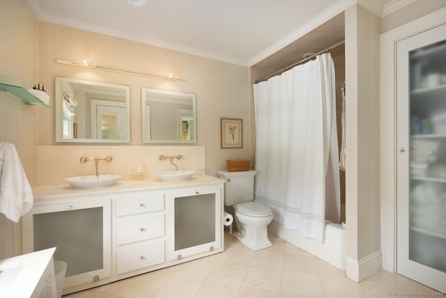12 Popple Swamp Rd, Cornwall, CT 06754 - bathroom with double vanity, crown molding, tile patterned floors, and shower / bathtub combination with curtain