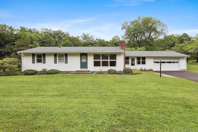 1 Old Middle Rd, New Milford, CT 06776 - ranch-style house featuring a garage, asphalt driveway, a chimney, and a front yard