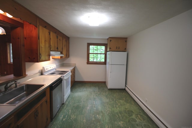 15 Birch Rd, Granby, CT 06035 - kitchen featuring white appliances, baseboard heating, under cabinet range hood, and brown cabinets