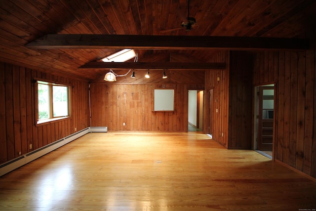 15 Birch Rd, Granby, CT 06035 - empty room with wood ceiling, light wood-style flooring, wooden walls, and a baseboard heating unit