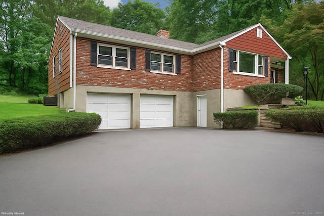 256 W Rocks Rd, Norwalk, CT 06851 - view of front of home featuring a chimney, asphalt driveway, a garage, brick siding, and view of scattered trees