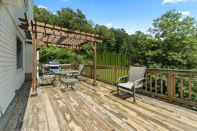 1092 Durham Rd, Guilford, CT 06437 - deck featuring outdoor dining area, a pergola, and view of scattered trees