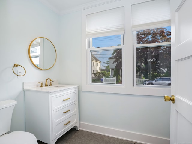 8 Platt St, Norwalk, CT 06855 - half bathroom with vanity, tile patterned floors, and crown molding