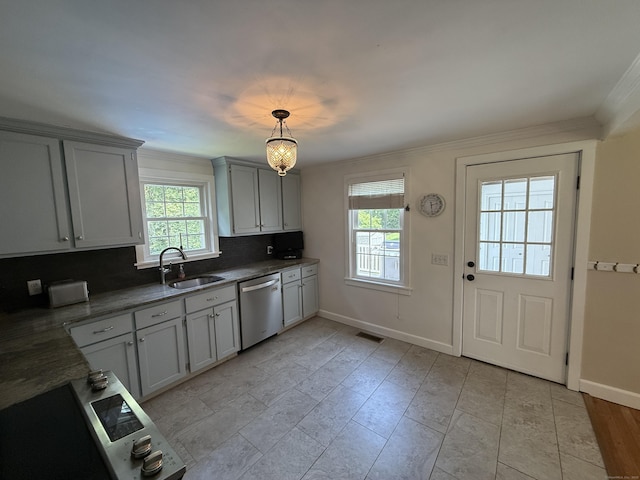 104 Wildcat Hill Rd, Harwinton, CT 06791 - kitchen featuring dishwasher, ornamental molding, decorative backsplash, and pendant lighting