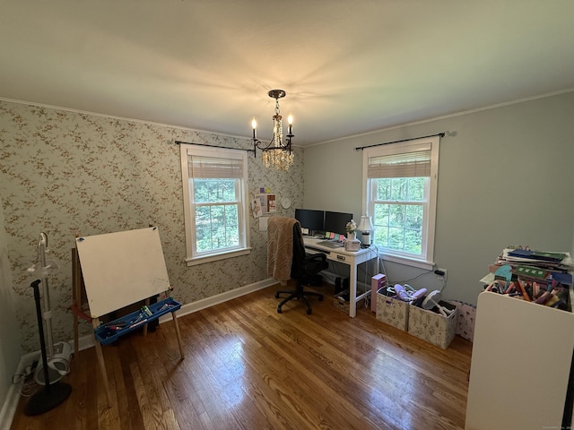 104 Wildcat Hill Rd, Harwinton, CT 06791 - office with plenty of natural light, a chandelier, wood finished floors, and ornamental molding