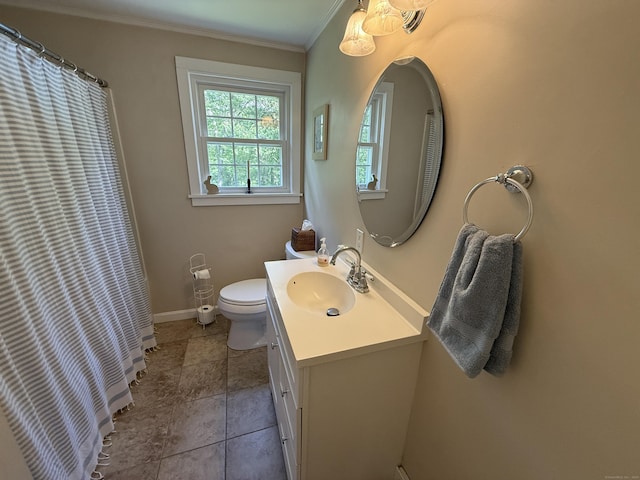 104 Wildcat Hill Rd, Harwinton, CT 06791 - bathroom with vanity, ornamental molding, tile patterned flooring, and a shower with shower curtain