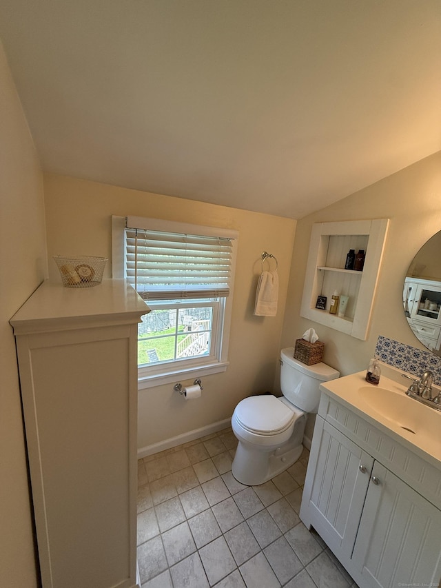 104 Wildcat Hill Rd, Harwinton, CT 06791 - bathroom with vanity, tile patterned floors, and lofted ceiling