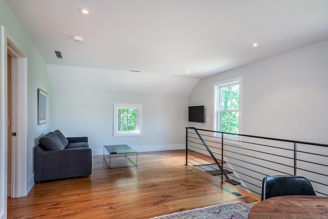 85 W Church Hill Rd, Washington, CT 06794 - sitting room featuring lofted ceiling, wood finished floors, recessed lighting, and an upstairs landing