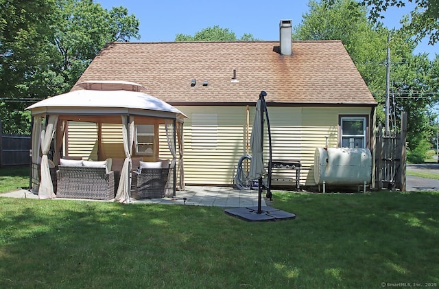 28 Chester Ln, Wallingford, CT 06492 - back of house featuring an outdoor living space, a gazebo, a chimney, and a shingled roof