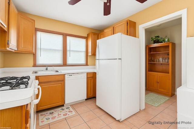 96 Kenwood Ave, Fairfield, CT 06824 - kitchen featuring white appliances, a ceiling fan, light tile patterned floors, and light countertops