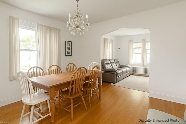 96 Kenwood Ave, Fairfield, CT 06824 - dining area featuring radiator, arched walkways, healthy amount of natural light, and light wood-type flooring