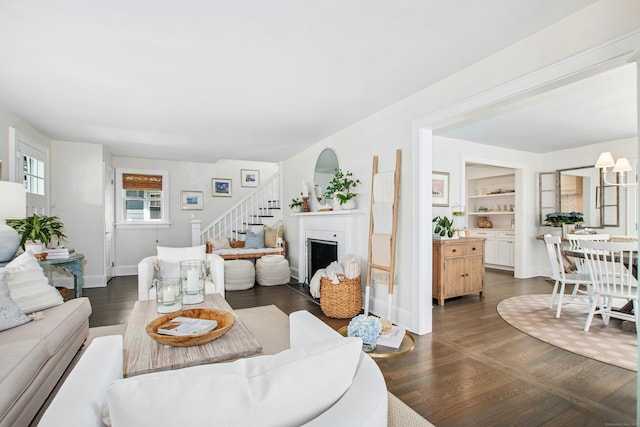 18 Wallace Ave, Norwalk, CT 06855 - living room with stairs, a fireplace, and dark wood finished floors