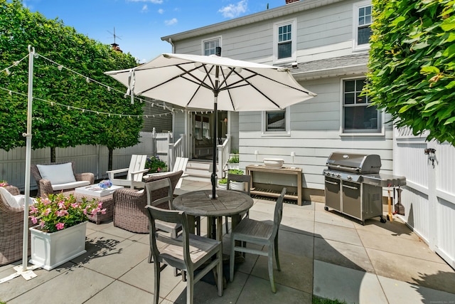18 Wallace Ave, Norwalk, CT 06855 - fenced backyard with a grill, a patio, and an outdoor living space with a fire pit