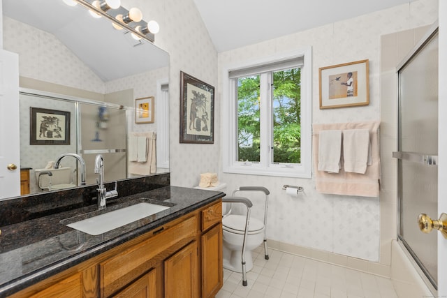 212 Richards Ave Apt 6, Norwalk, CT 06850 - full bathroom with lofted ceiling, wallpapered walls, vanity, tile patterned floors, and bath / shower combo with glass door