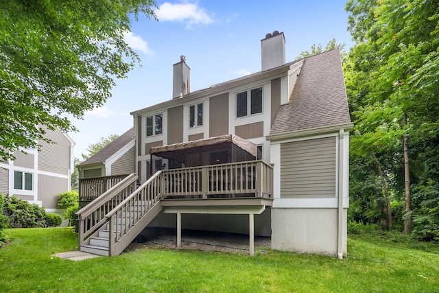 212 Richards Ave Apt 6, Norwalk, CT 06850 - rear view of property featuring a wooden deck, a chimney, a lawn, roof with shingles, and stairway