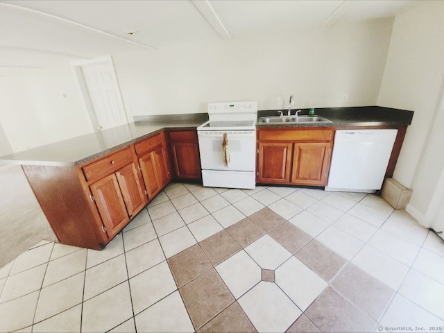51 Main St, Thompson, CT 06255 - kitchen featuring white appliances, a peninsula, brown cabinetry, dark countertops, and light tile patterned floors