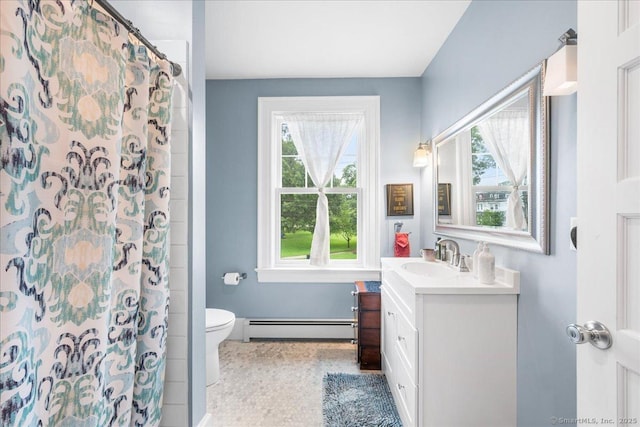 20 Channing St, New London, CT 06320 - bathroom featuring baseboard heating, vanity, and curtained shower