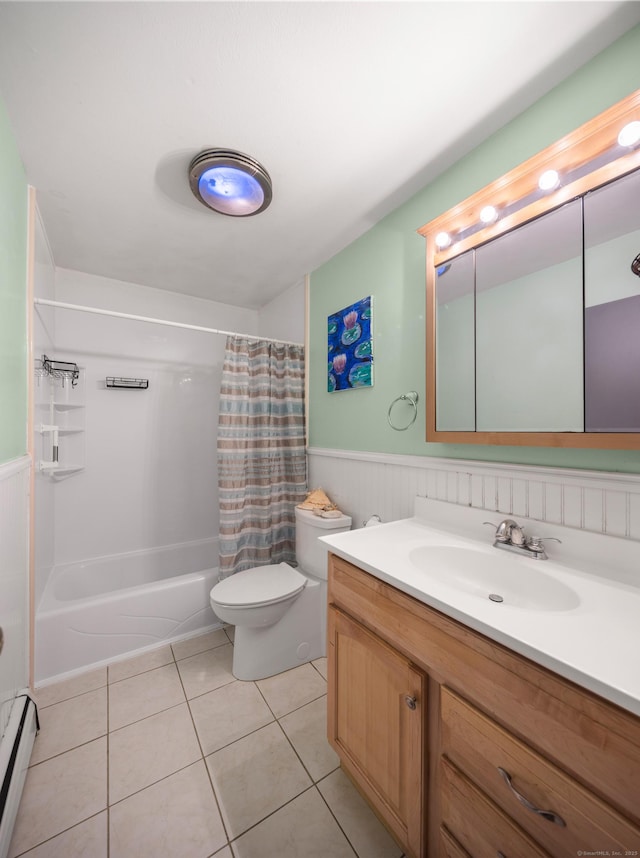 205 Luther Dr, Southbury, CT 06488 - bathroom featuring vanity, a wainscoted wall, a baseboard radiator, shower / bathtub combination with curtain, and tile patterned flooring