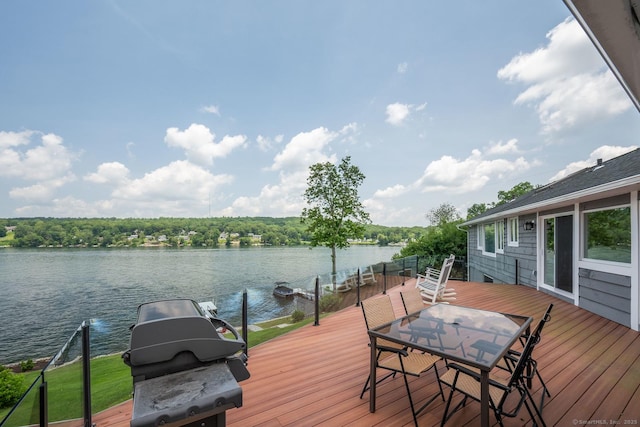100 N Lake Shore Dr, Brookfield, CT 06804 - wooden deck with a water view, a grill, a dock, and outdoor dining space