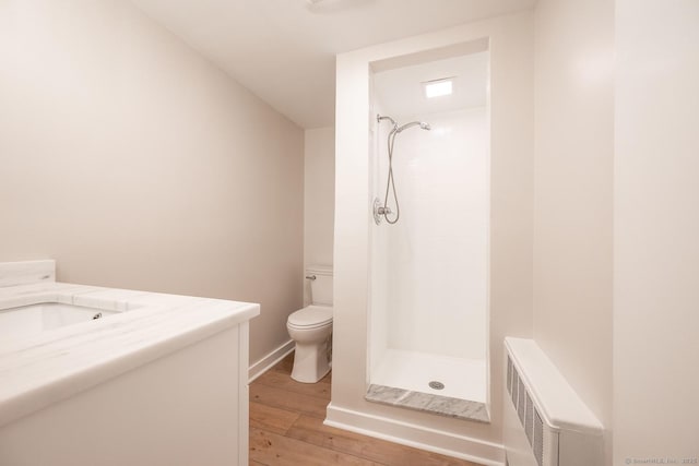 100 N Lake Shore Dr, Brookfield, CT 06804 - bathroom with radiator heating unit, a stall shower, vanity, and hardwood / wood-style flooring