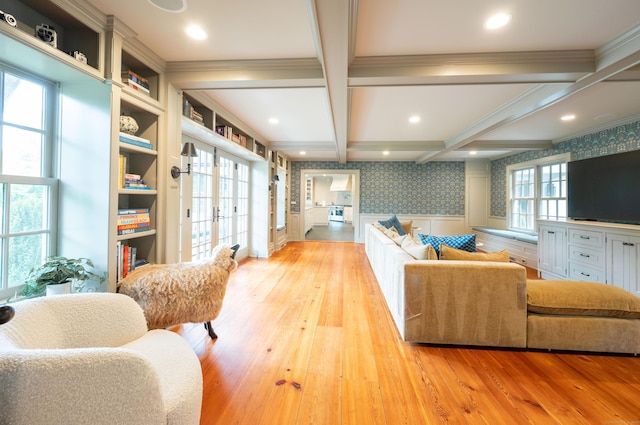 509 Main St N, Woodbury, CT 06798 - living room with light wood-style flooring, beam ceiling, wainscoting, wallpapered walls, and coffered ceiling