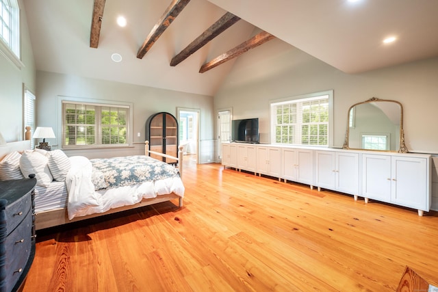 509 Main St N, Woodbury, CT 06798 - bedroom featuring beam ceiling, light wood-style floors, high vaulted ceiling, multiple windows, and recessed lighting