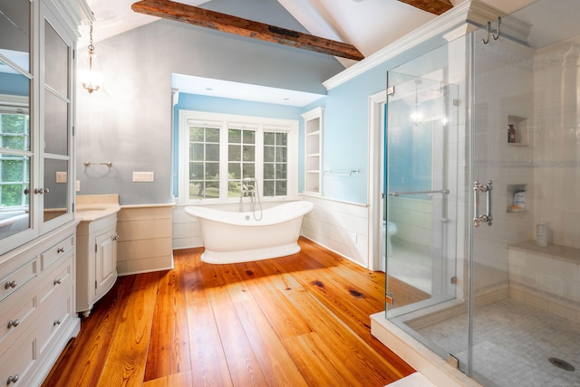 509 Main St N, Woodbury, CT 06798 - bathroom with vanity, wood-type flooring, a shower stall, and a freestanding bath
