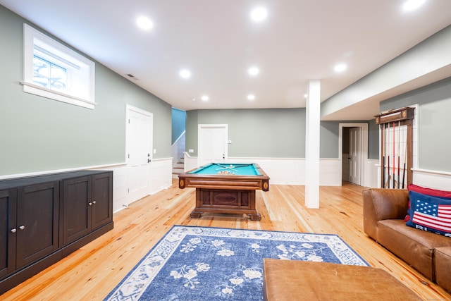 509 Main St N, Woodbury, CT 06798 - rec room with light wood-type flooring, pool table, a wainscoted wall, and recessed lighting