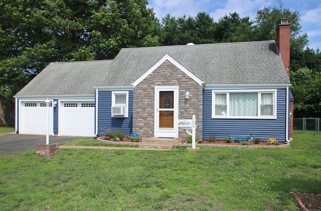 134 Valley Crest Dr, Wethersfield, CT 06109 - view of front of property featuring a chimney, stone siding, driveway, cooling unit, and roof with shingles