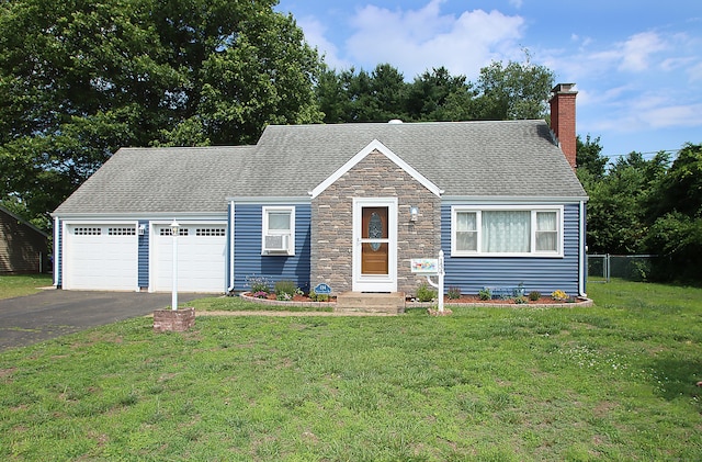 134 Valley Crest Dr, Wethersfield, CT 06109 - view of front facade featuring a chimney, stone siding, asphalt driveway, an attached garage, and a shingled roof